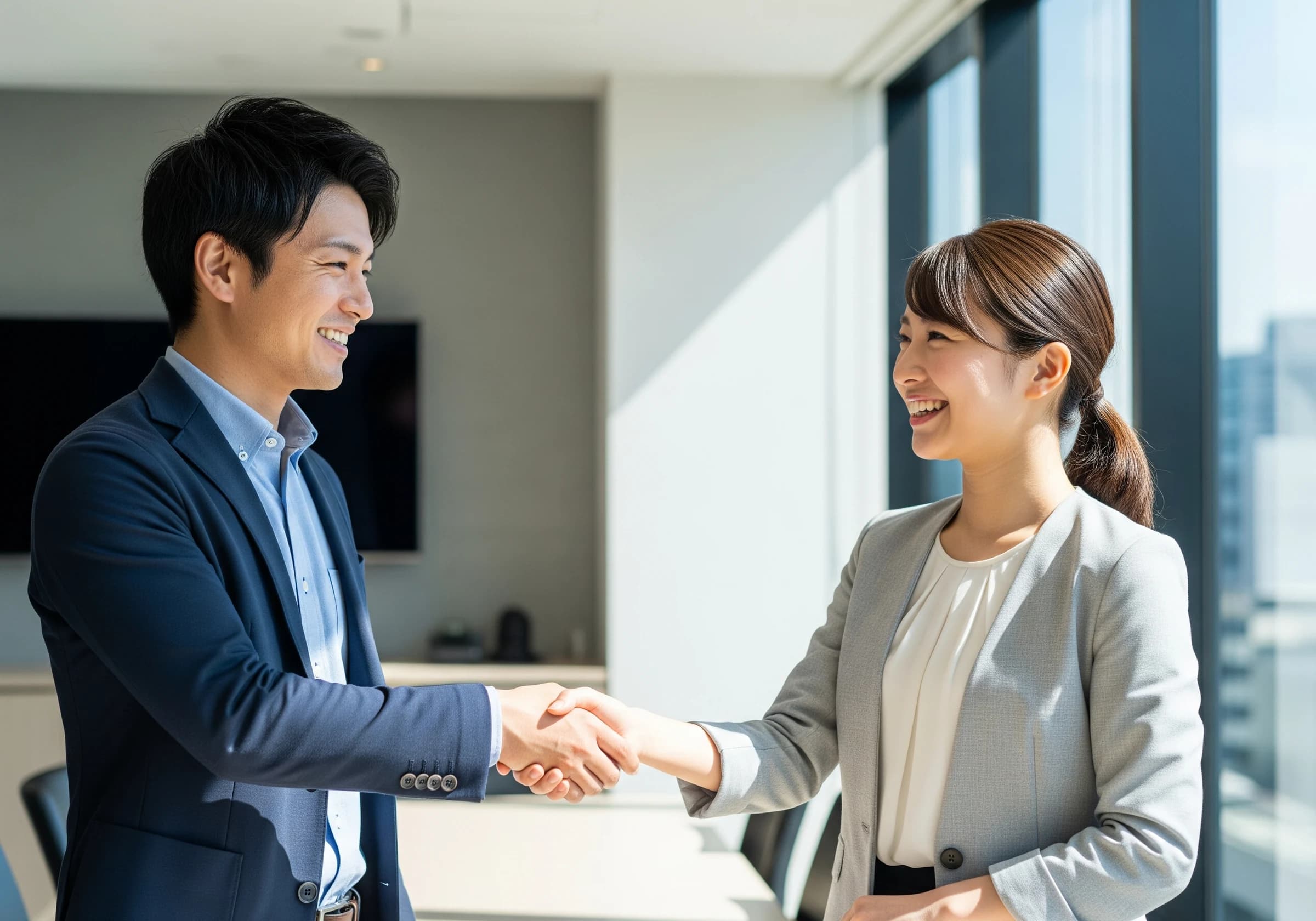 社内で握手を交わすメンバー