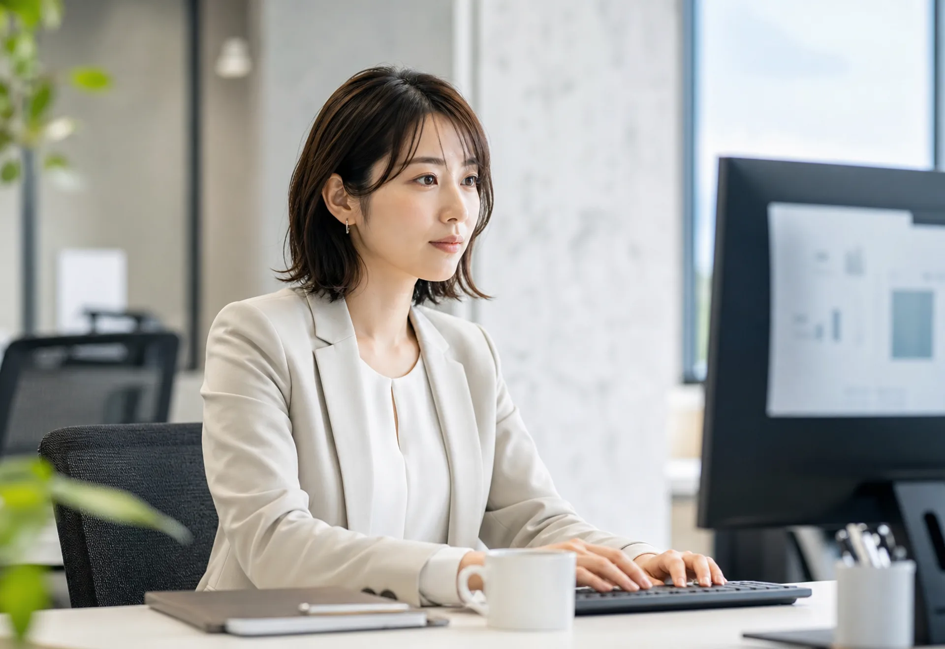 PCで作業している女性